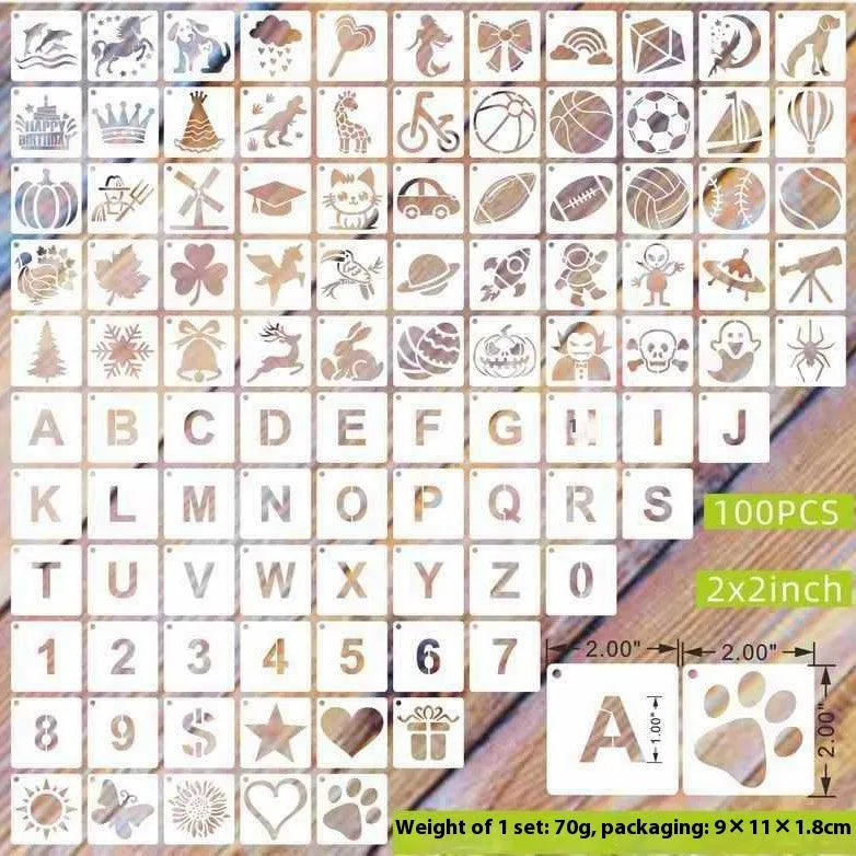 700 piece hollow spray painting stencil set showing animals, ocean, Hawaii, letter, and floral designs on milky white PET film