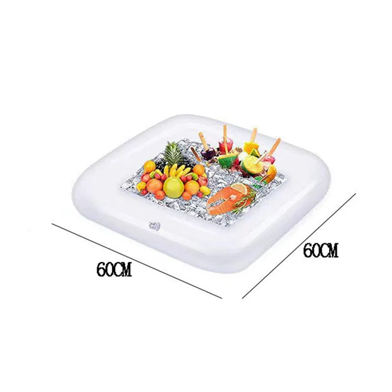 Inflatable PVC ice bar for parties shown in two sizes with optional silver grey cup holder and yellow ice bucket accessories.