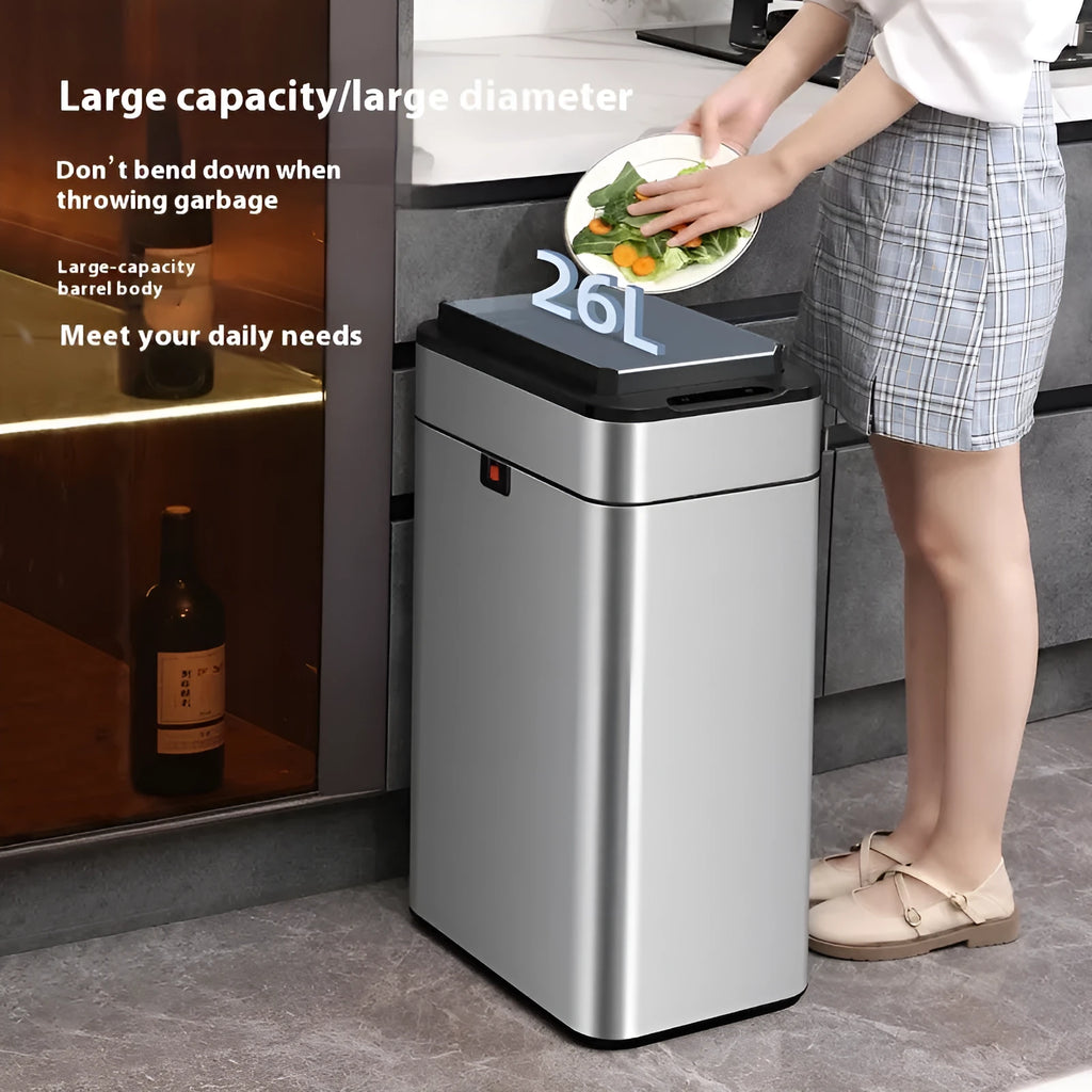 Stainless steel square inductive smart trash can with sensor lid and large capacity.