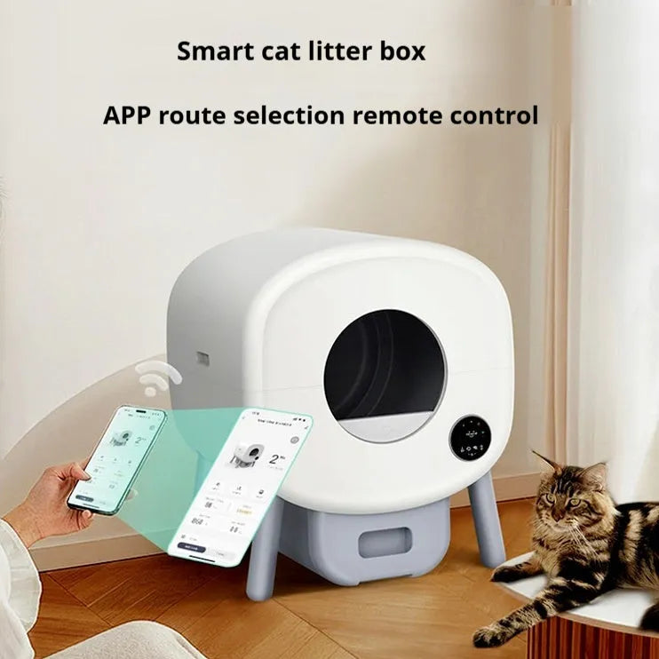 Automatic self-cleaning cat litter box made from white ABS plastic with a large interior.