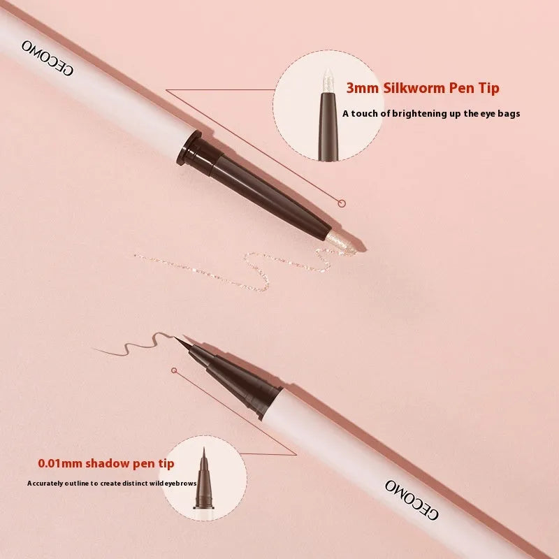 Double-headed silkworm pen eyeliner showing Floating Platinum and Born Nude Apricot colours