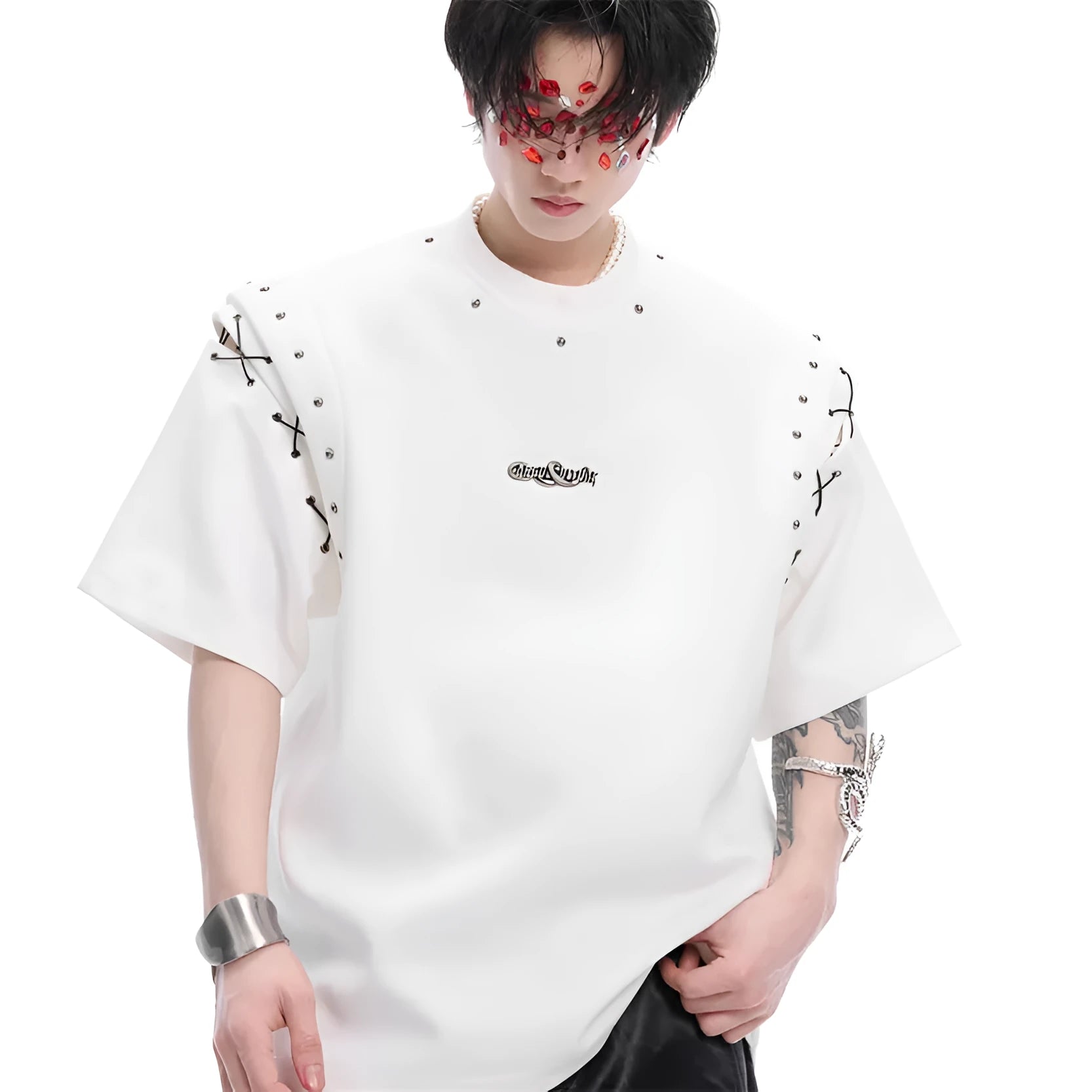 Women's black lace-up cutout short sleeve t-shirt showing side detail