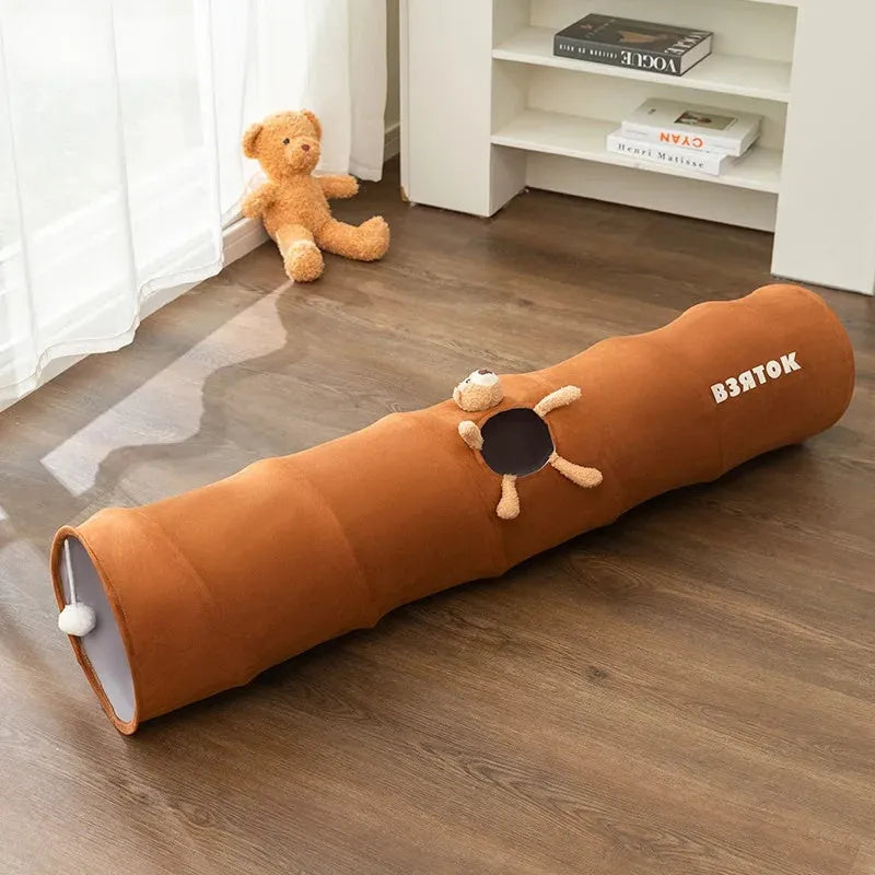 Collapsible cat tunnel with plush ball toy in brown or grey colour options