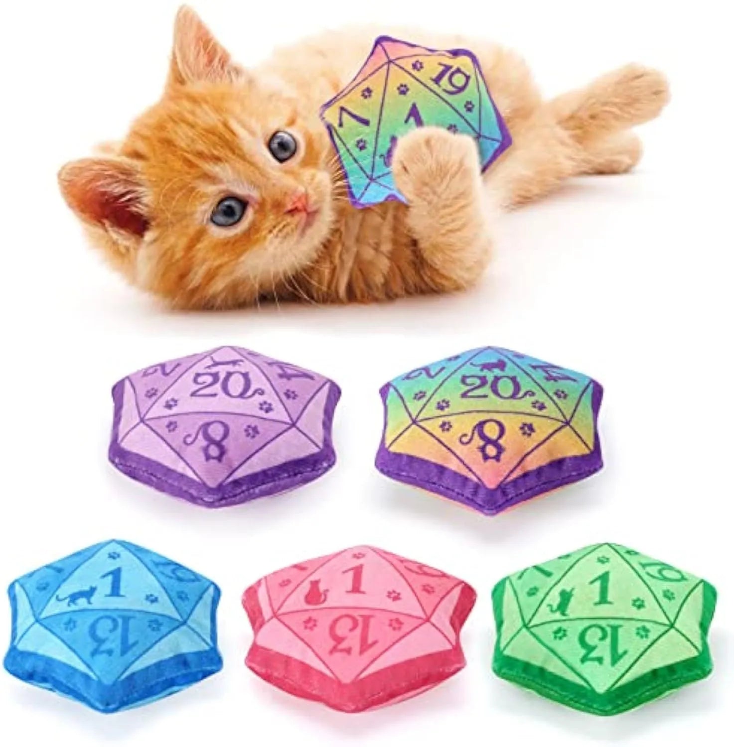 Dice-shaped soft plush catnip toy in assorted colours for interactive play and teething kittens.