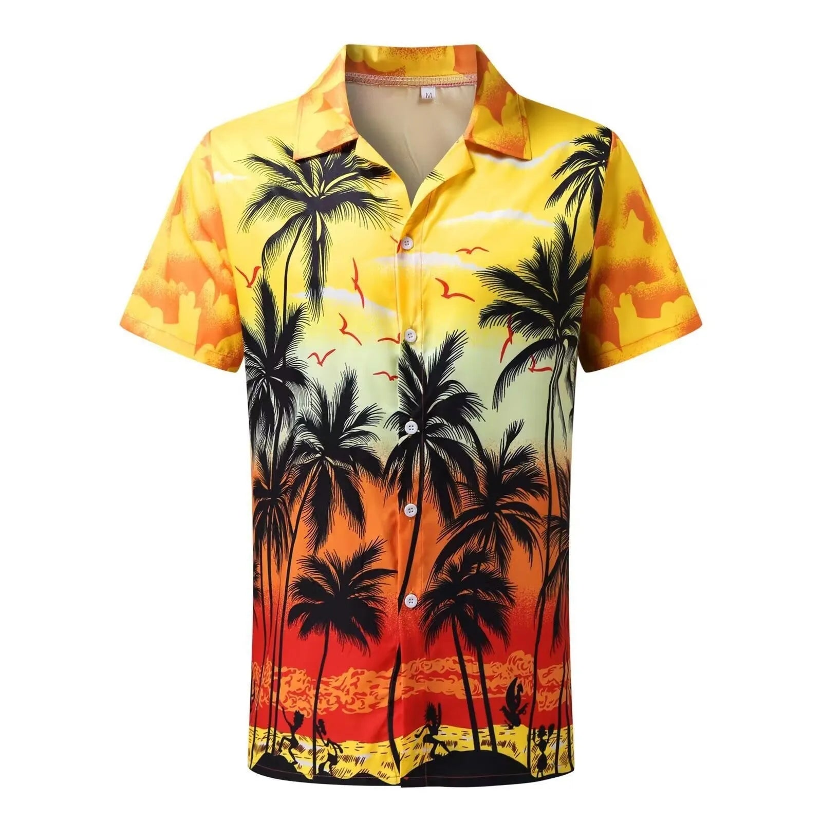 Man wearing a short-sleeved Hawaiian shirt with colourful 3D printed patterns.