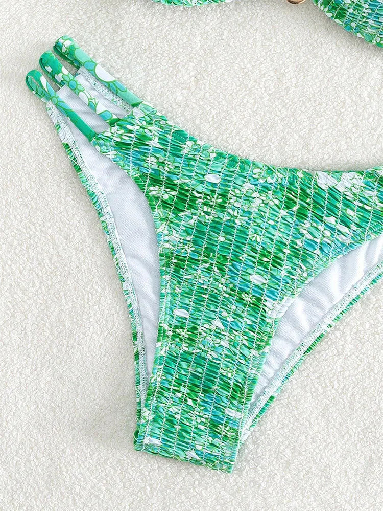 Women's floral high-waist bikini swimsuit in solid colour with separate bra and panties