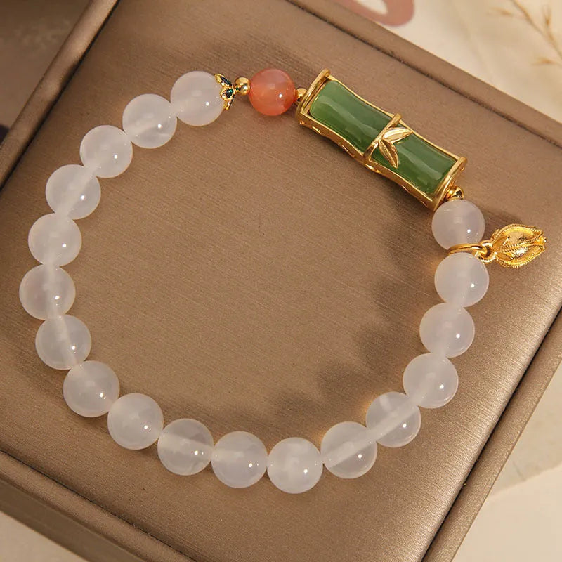 White agate jade Chinese style bamboo joint bracelet with retro luxury design for women