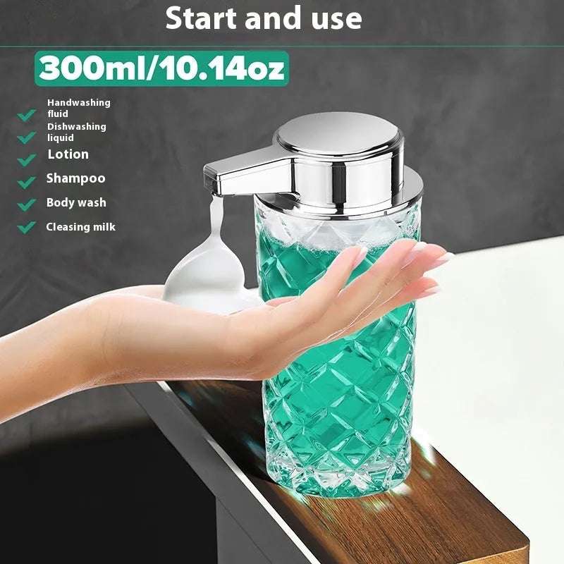 Silver automatic sensor soap dispenser with USB Type-C charging port on countertop.