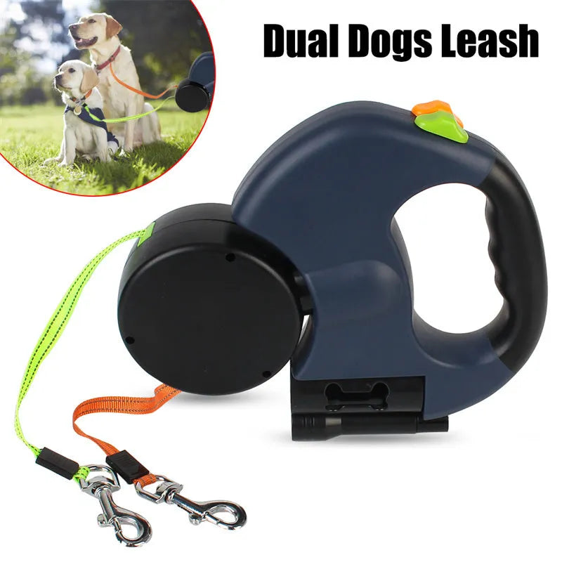 Dual retractable dog leash for small dogs with flashlight, poop bag slot, and 3-metre reflective rope.