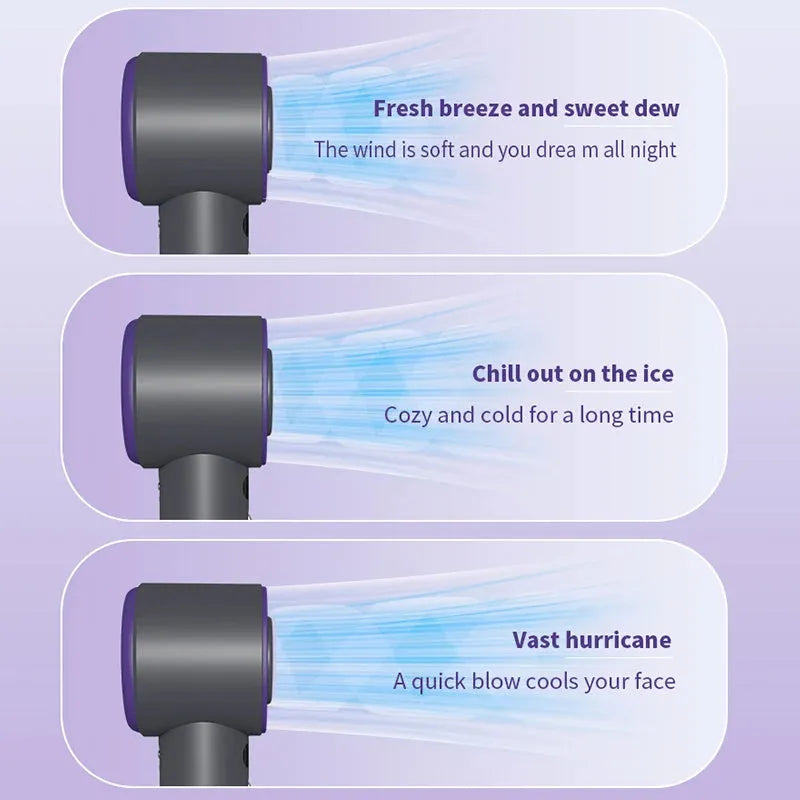 White portable handheld turbo fan with cooling function and display, shown on a table.