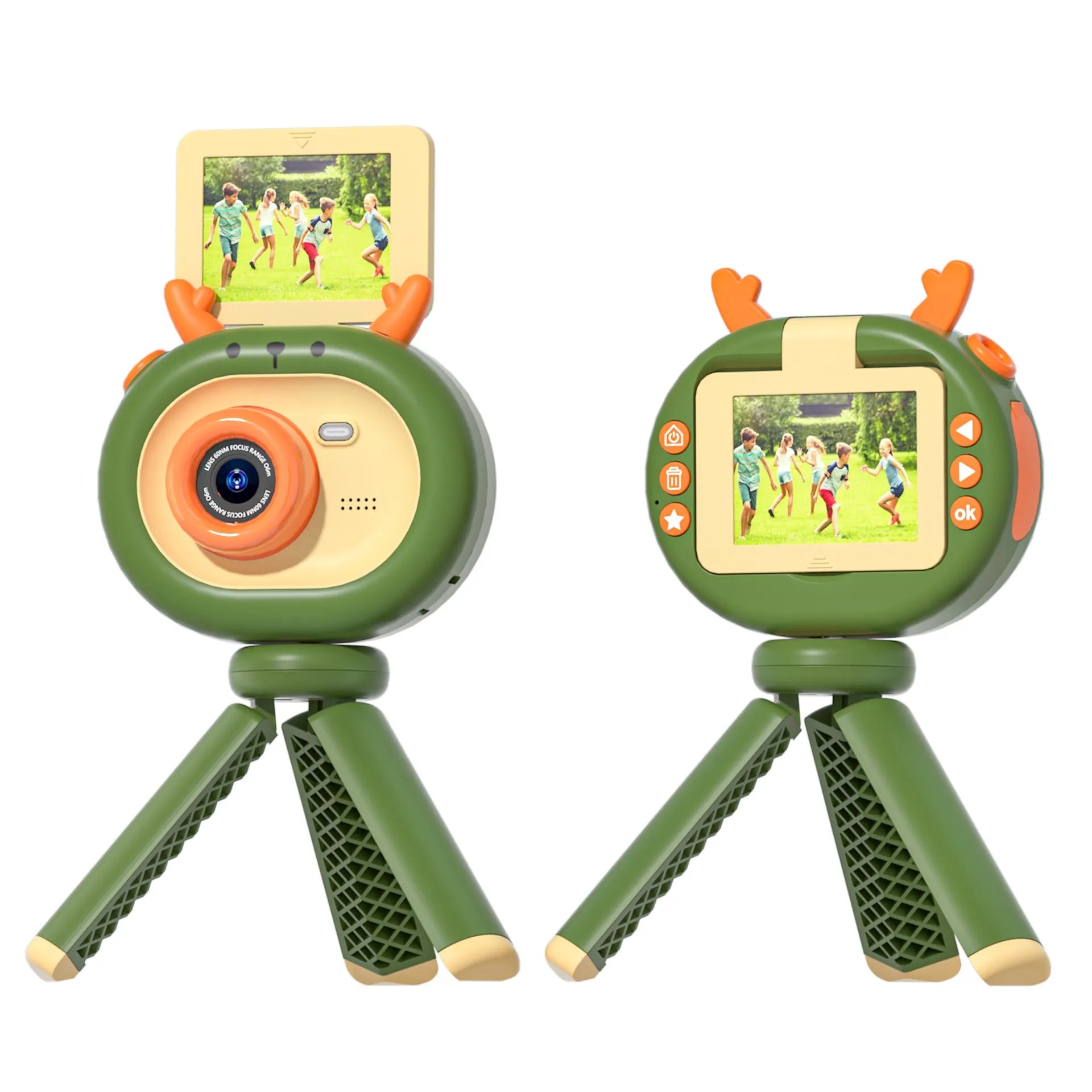 Dark green children's digital camera with flip screen, silicone case, and lanyard on a cartoon map.