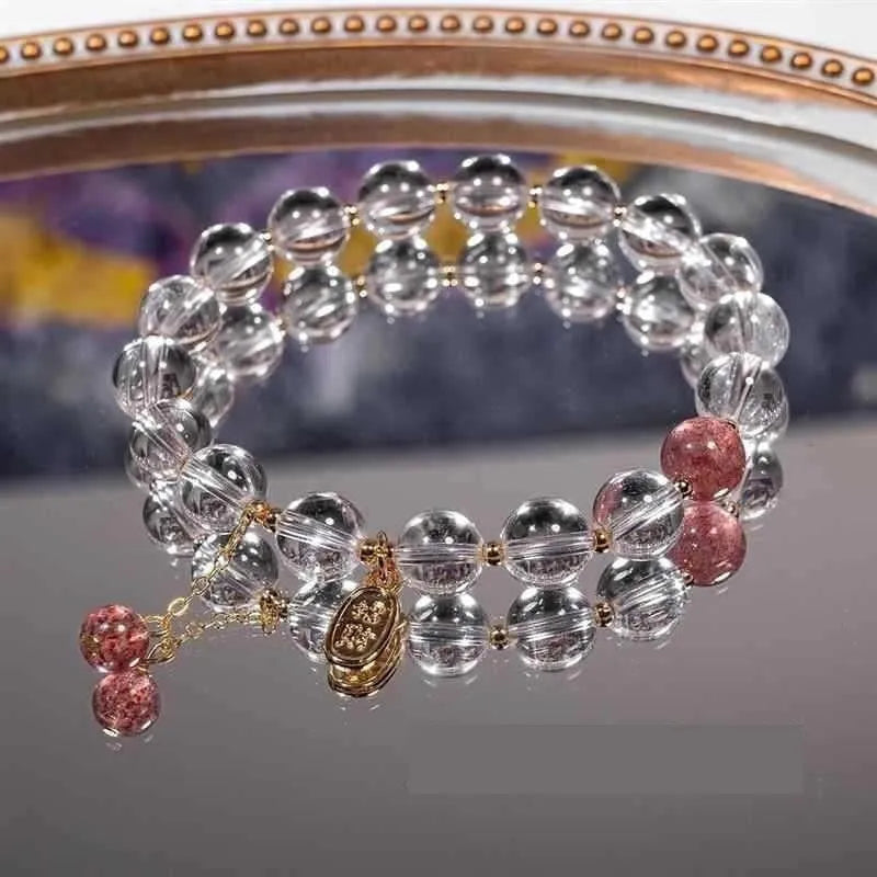 Handmade natural white crystal bracelet with strawberry beads in gift box