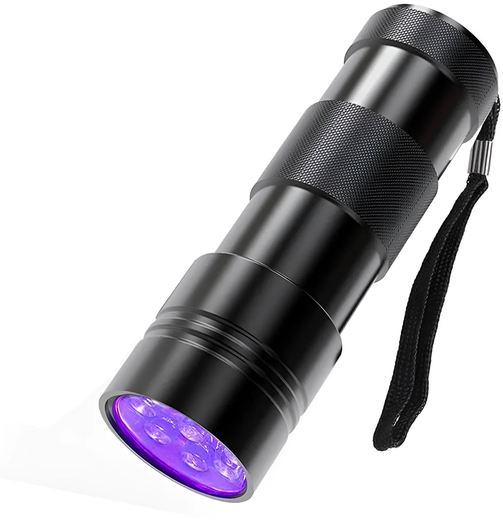 Black aluminium alloy UV flashlight with tail switch for detecting stains and pests.