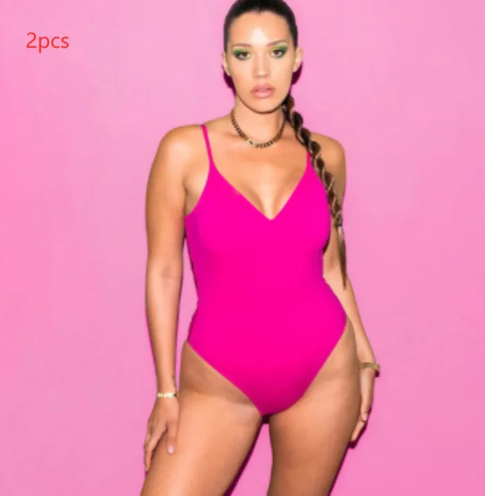 Women's backless string swimsuit set showing triangle bikini and matching solid colour one-piece
