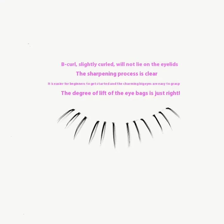 12-row segmented false eyelashes with sheer root and natural pointed tail style in 4-5-6mm lengths.
