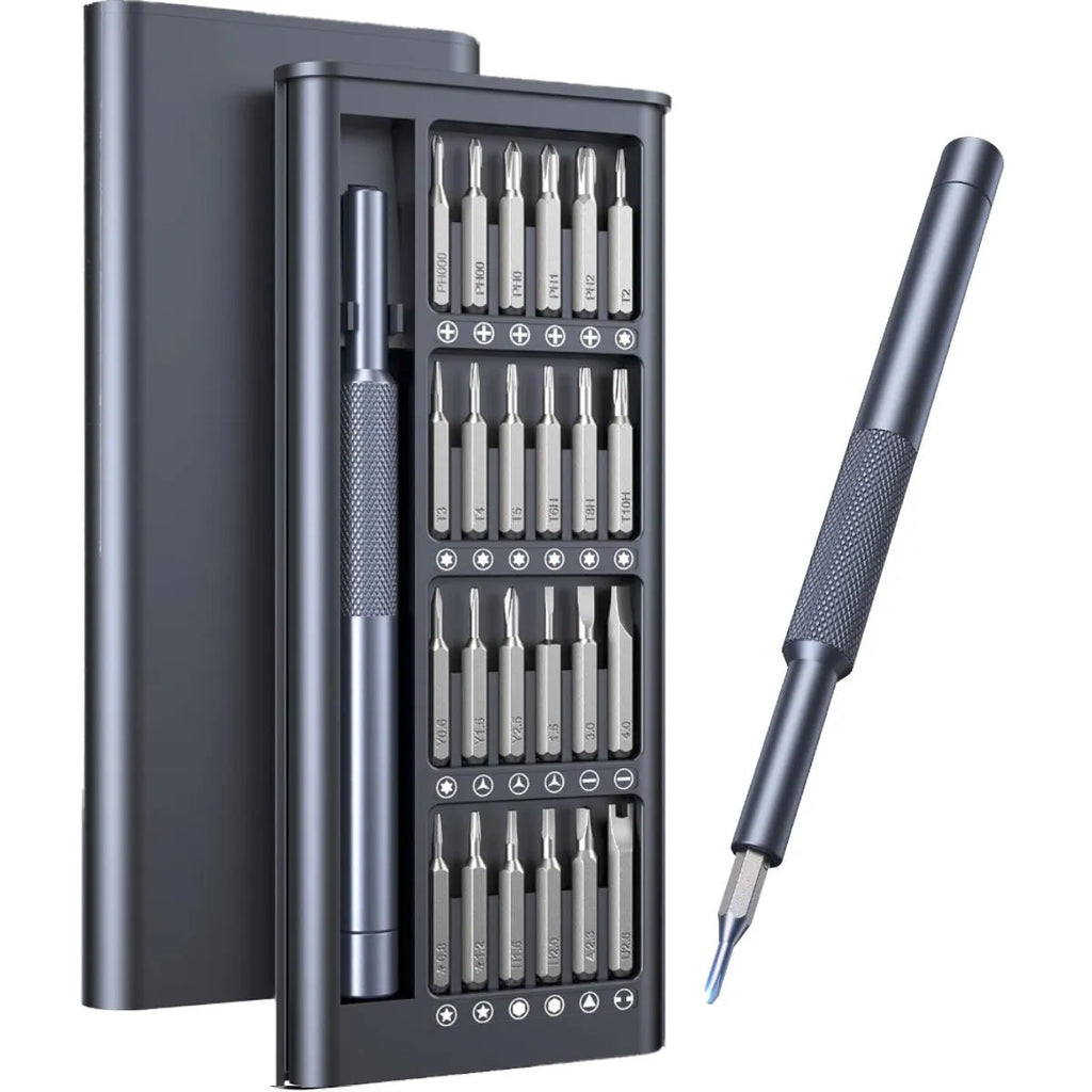 25-in-one precision screwdriver set with magnetic tip and chrome vanadium steel bits on a white background.