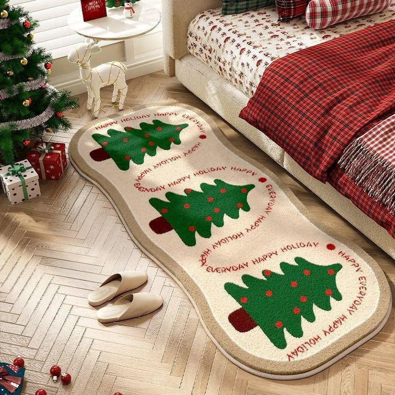 Christmas Series imitation cashmere carpet decoration in Alien shape on a floor, showing festive pattern options.