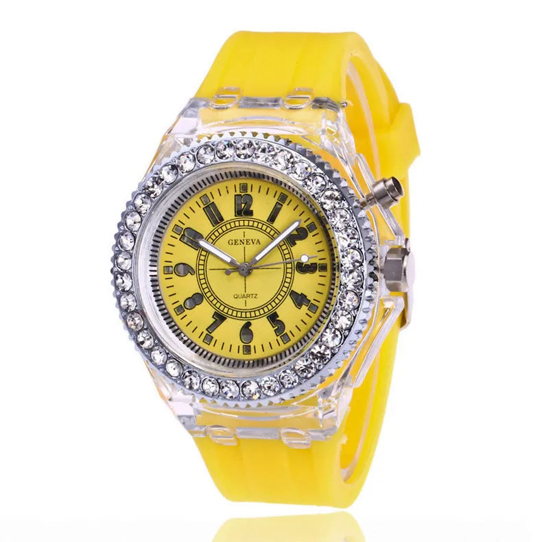 Women's LED luminous watch with round 43mm dial and silicone bracelet in multiple colour options
