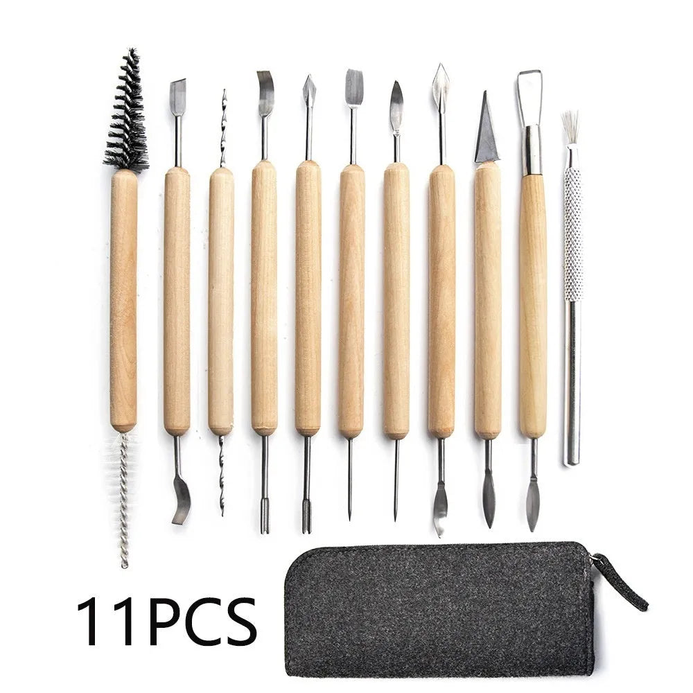 11 piece pottery clay tools set with wooden handles and stainless steel blades