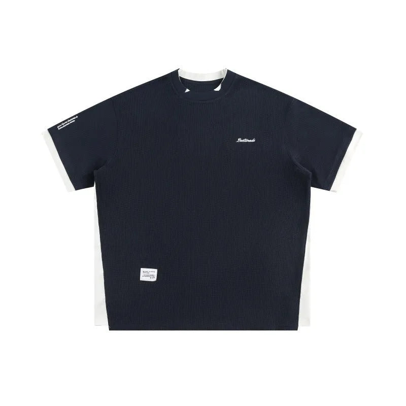 Retro alphabet embroidered loose waffle T-shirt in polyester fabric available in multiple colours