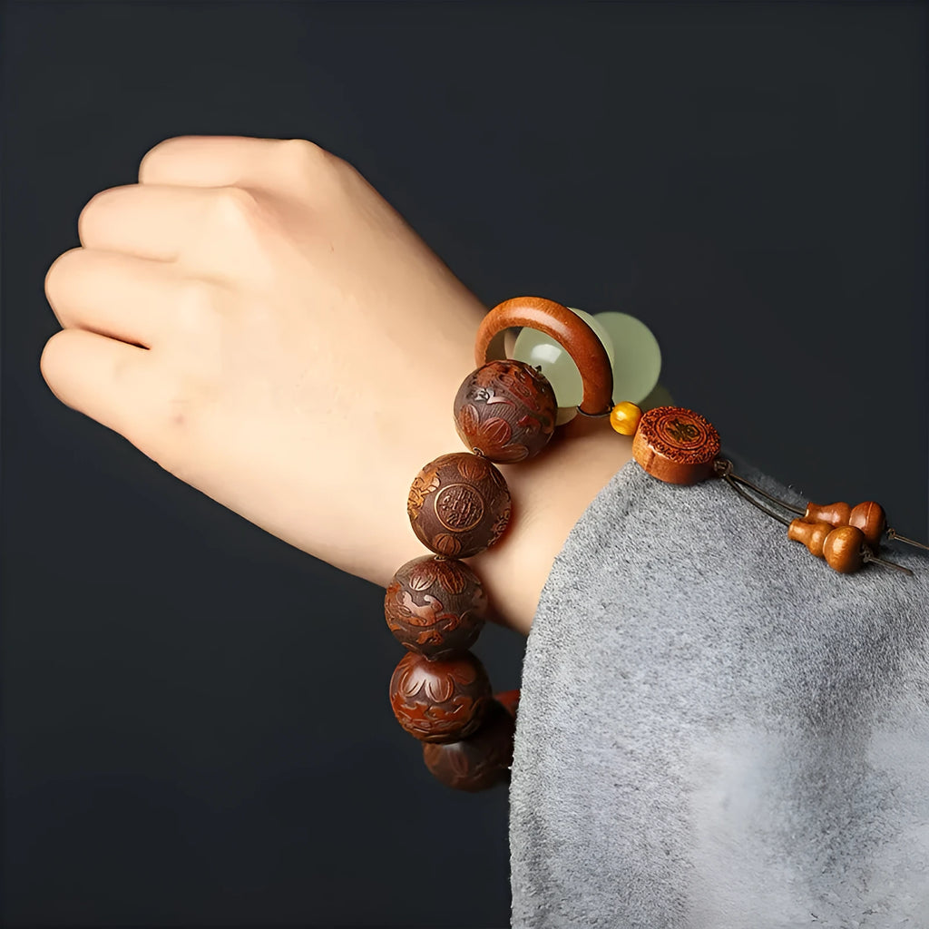 Unisex Amass Fortunes rosewood flexible ring bracelet with Fu carving on 20mm beads