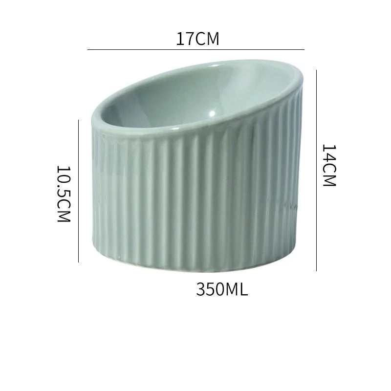 Elevated ceramic cat bowl in light green, showing tilted design and round whisker-friendly shape