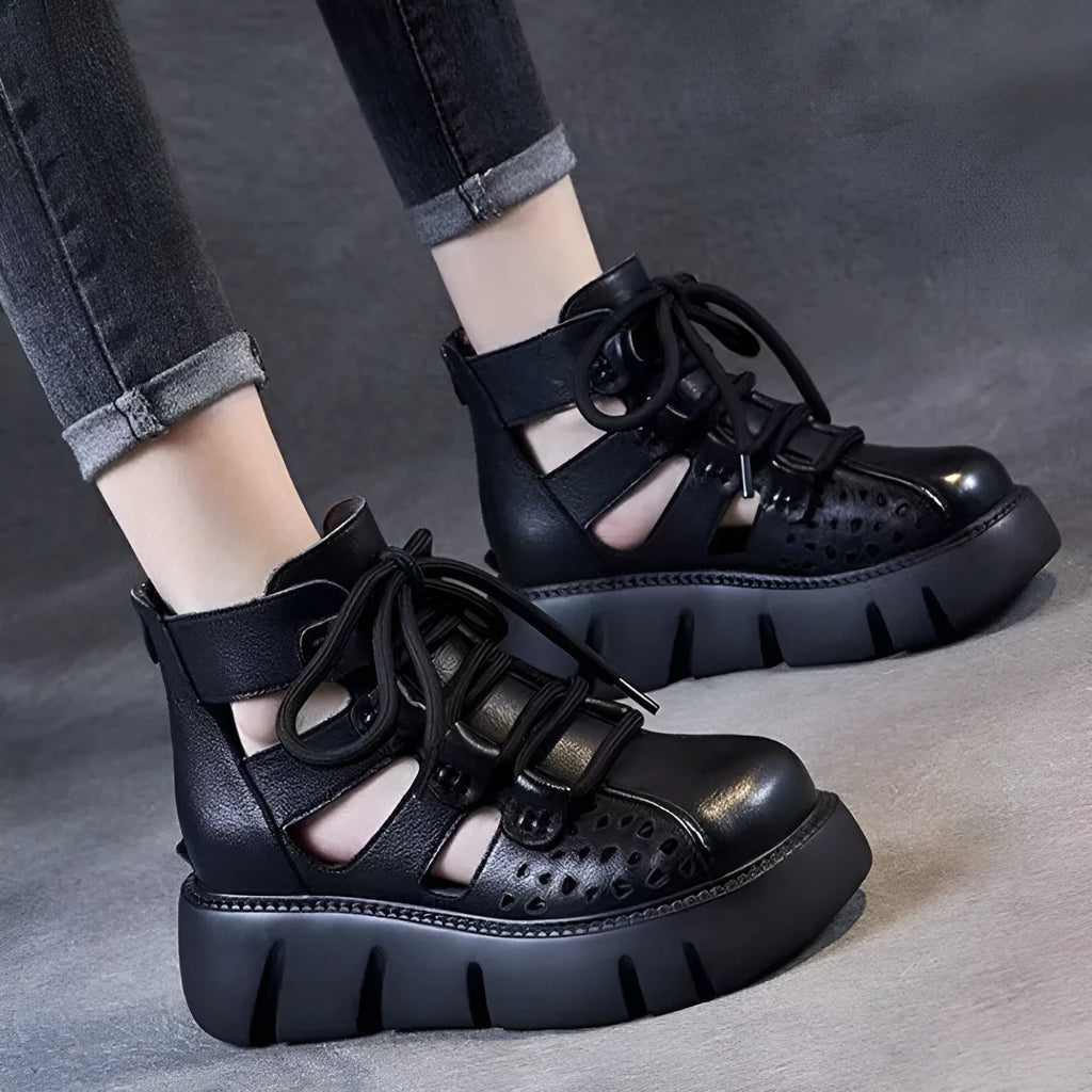 Women's black platform sandals with hollow hole design and fish mouth toe opening