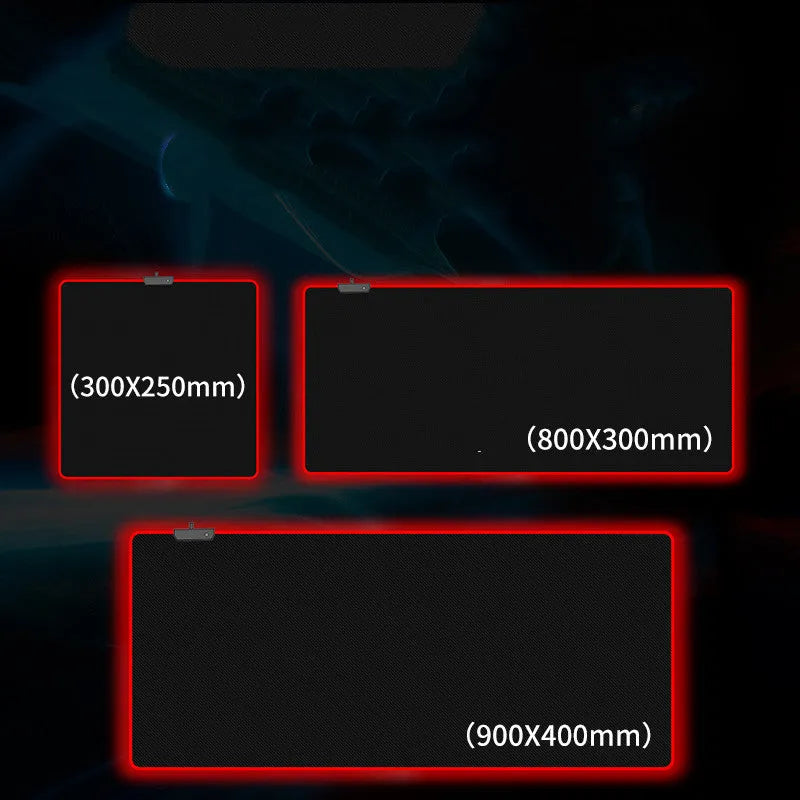 RGB luminous mouse pad with rubber base and 4.0mm thickness in 300x250mm, 800x300mm or 900x400mm