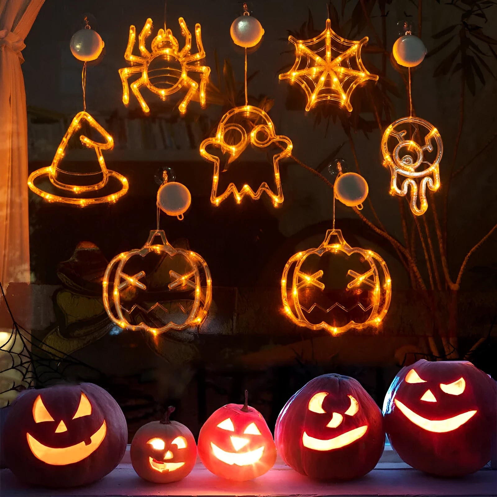 Halloween window hanging LED lights with spider, pumpkin, and ghost designs for holiday decoration