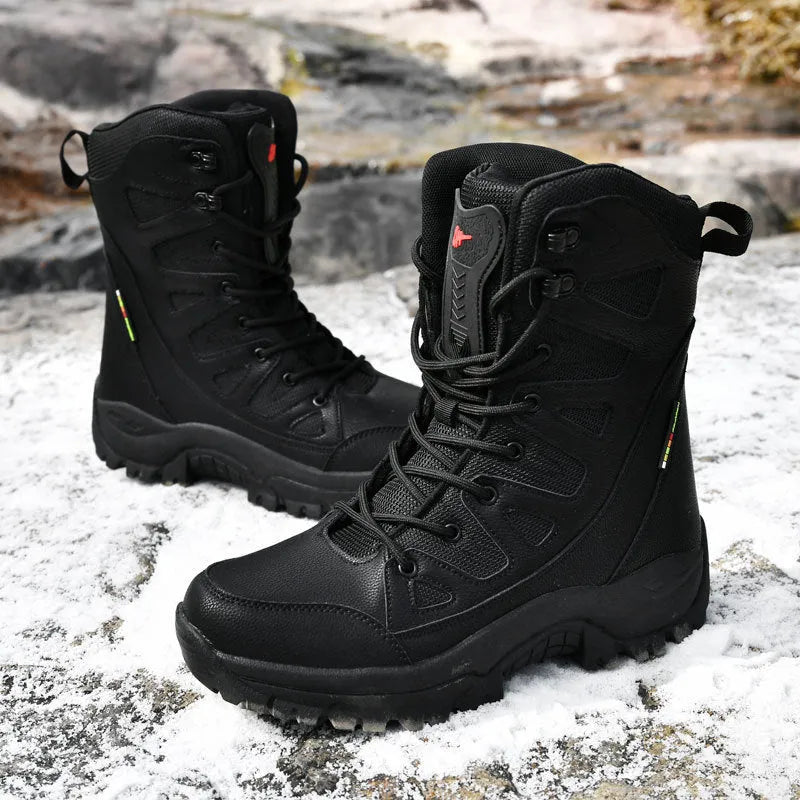 Cowhide leather hi-top hiking shoes in beige, black, and brown colours