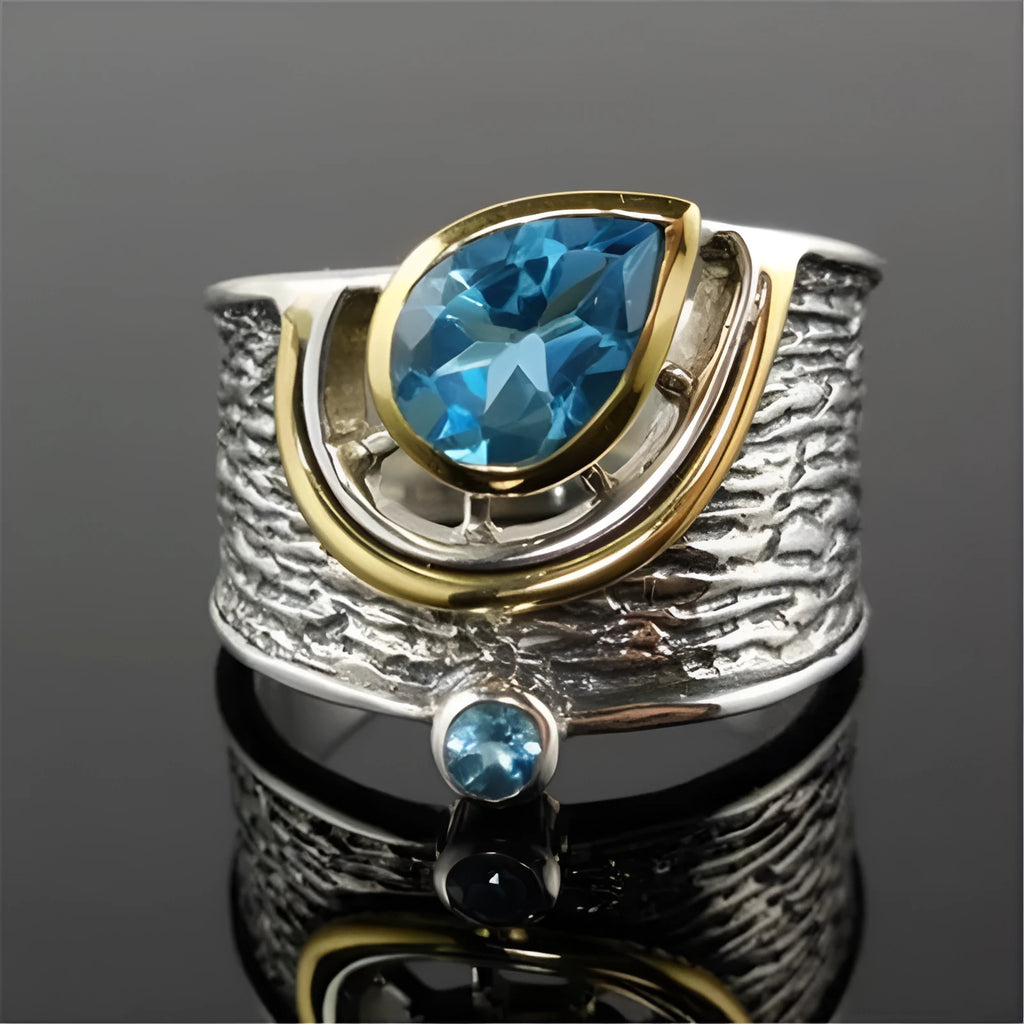 Chinese style blue zircon drop shape ring in alloy metal with inlaid stone