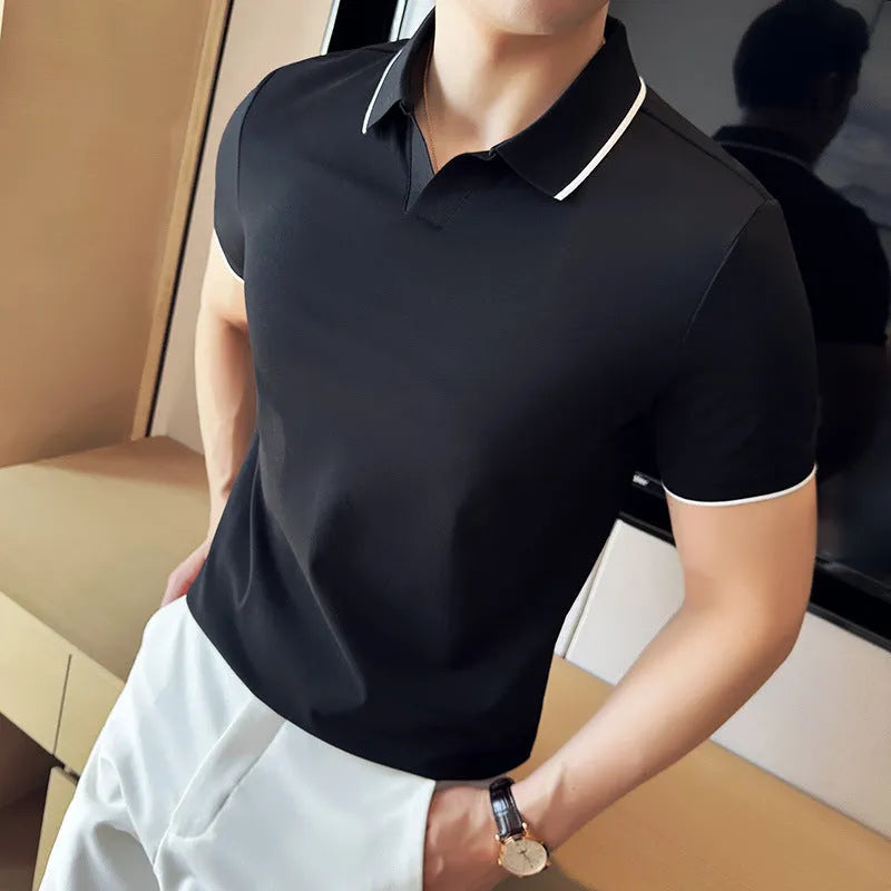 Men's short sleeve polo shirt with lapel collar in cotton blend fabric