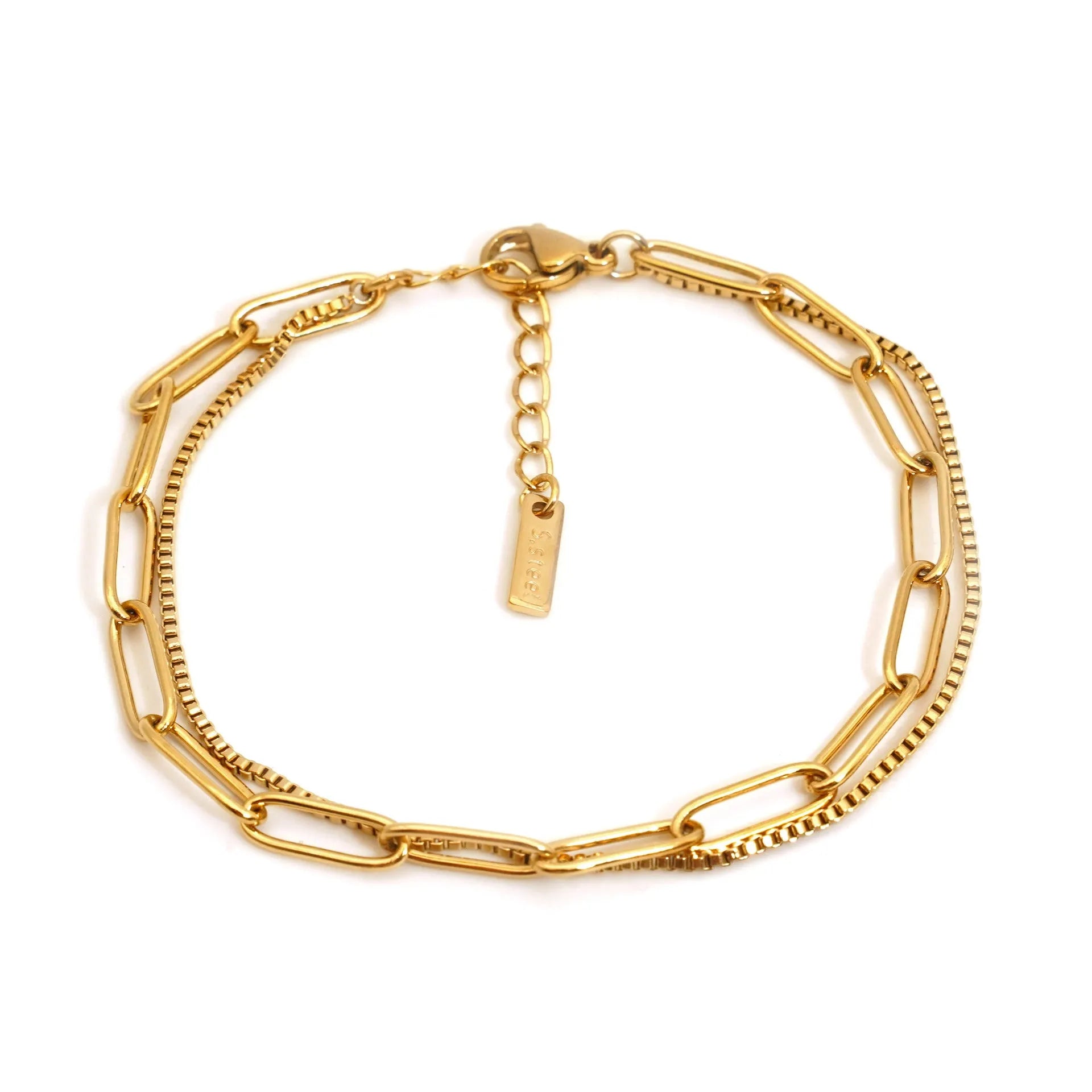 Double layer titanium steel bracelet with geometric lines in gold or silver colour
