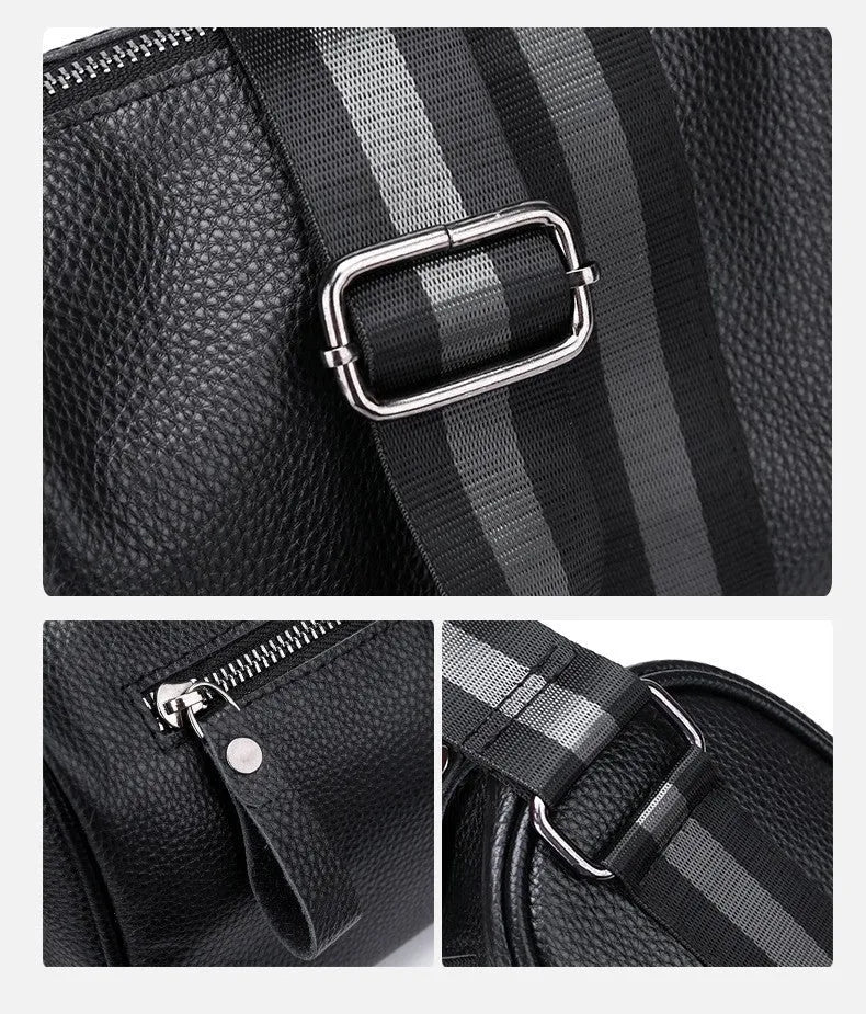 Black genuine leather crossbody bag showing 24x16x13cm dimensions with one-shoulder strap