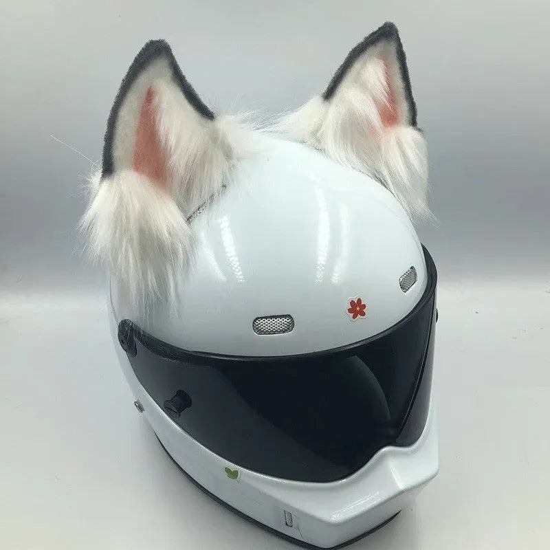 Set of detachable animal ears and tail ornament for motorcycle helmet, shown in black and white wolf design.