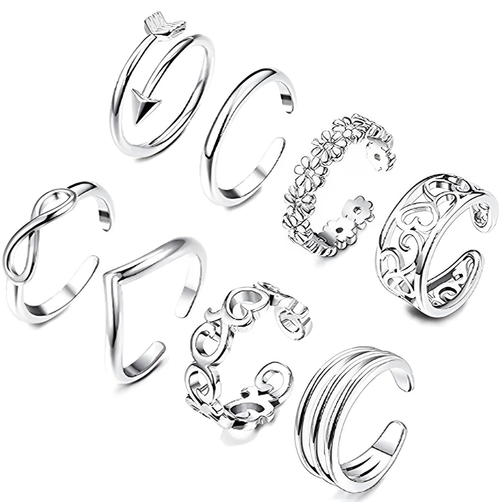 White cupronickel adjustable toe ring with simple rose charm for women, open-back design