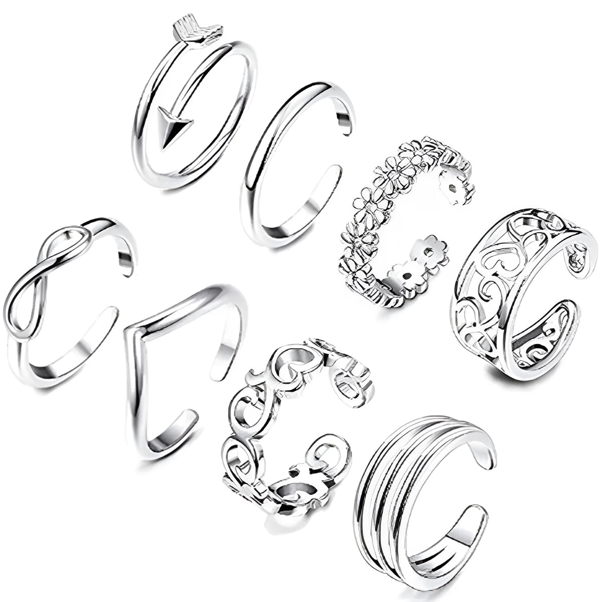 White cupronickel adjustable toe ring with simple rose charm for women, open-back design