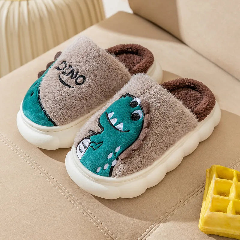 A pair of plush cotton dinosaur-design slippers for couples, shown in grey, coffee, and orange yellow colour options.