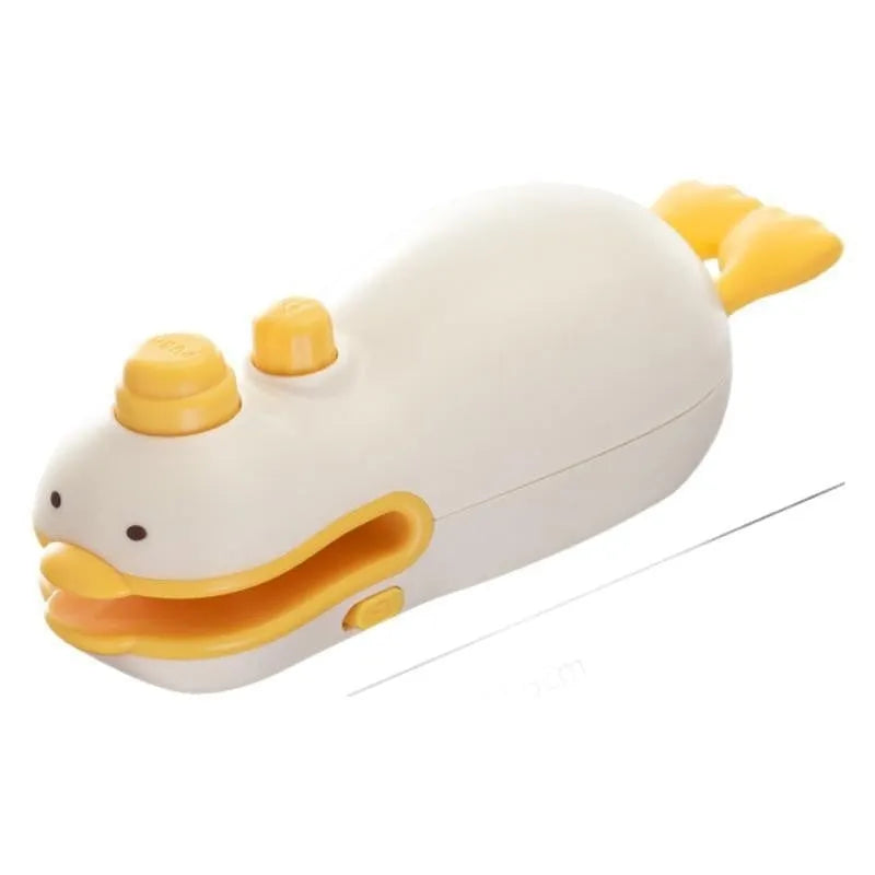 Small yellow rechargeable sealing machine with animal jacquard pattern and charging cable.