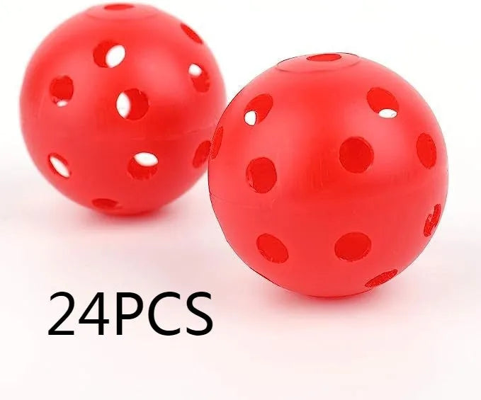 Multi-coloured 42mm golf practice balls with dimpled design in a net bag.