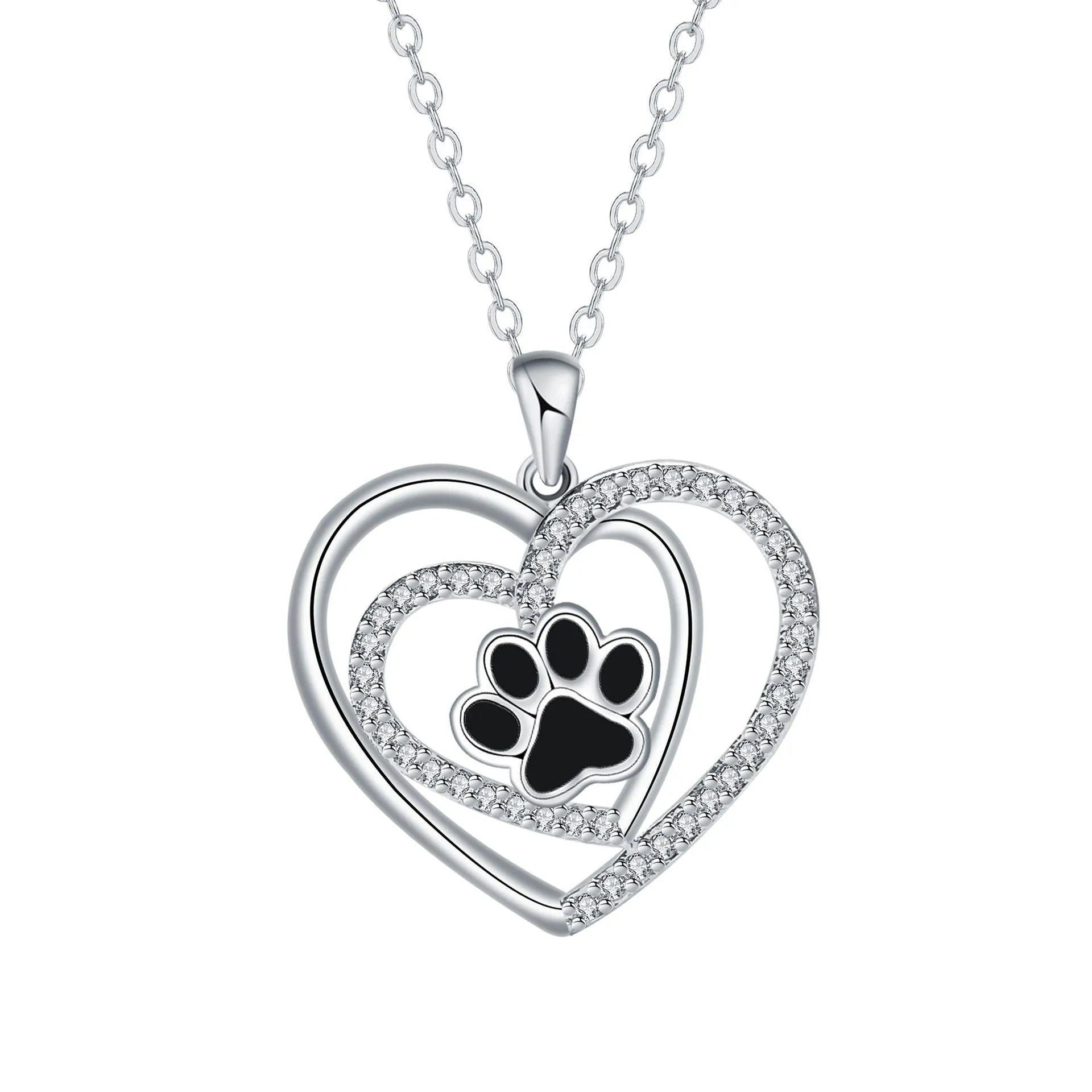 Women's dog paw prints heart necklace with copper pendant and cross chain in electroplated finish
