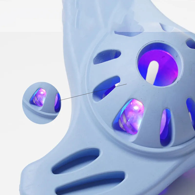Blue bite-resistant boomerang dog toy with molar edges for large breed puppies on a white background.
