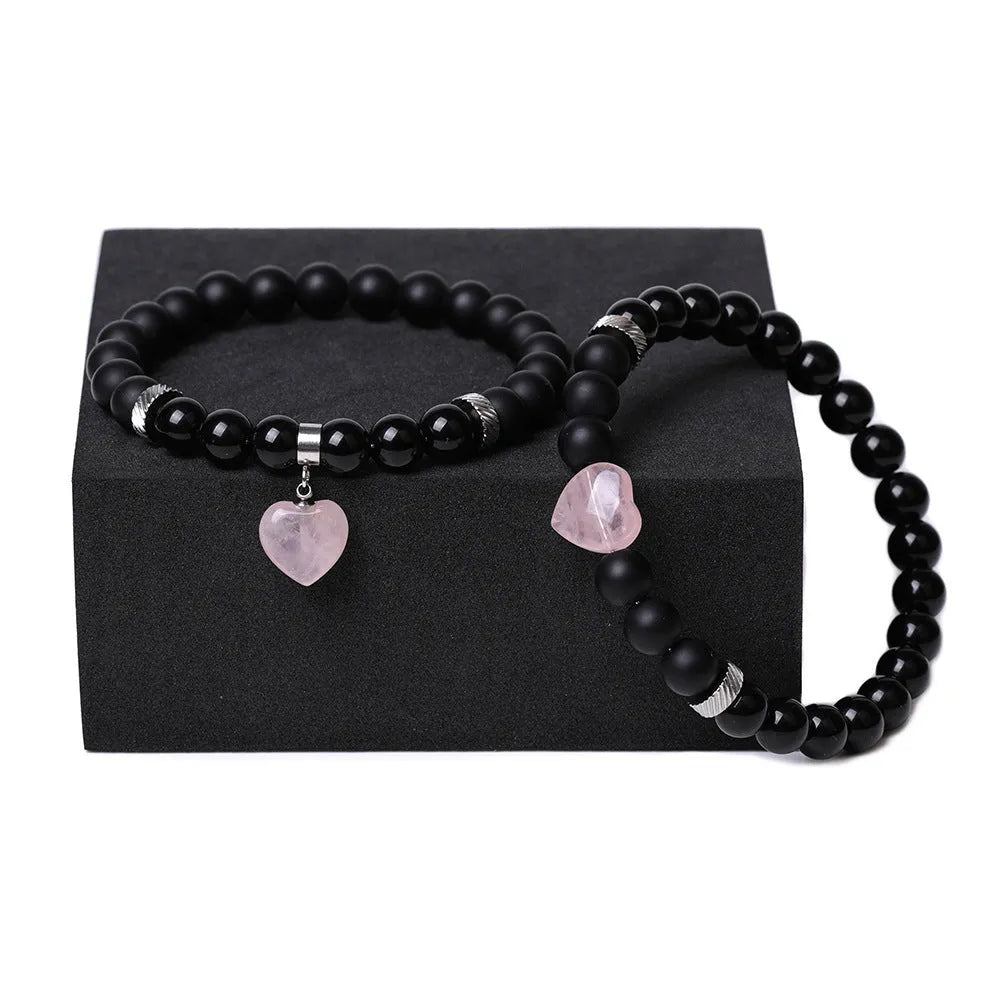 Natural stone couple love bracelet set with heart-shaped gemstone charms in various colours