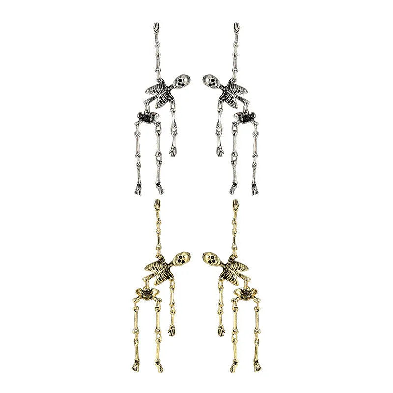 Exaggerated skull frame earrings in antique silver, zinc alloy electroplated finish, unisex design with hook fastening on white background