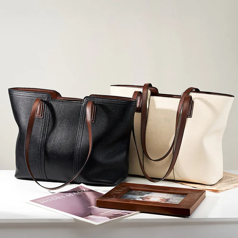 Women's genuine leather commuter bag with internal organisation compartments in horizontal square design