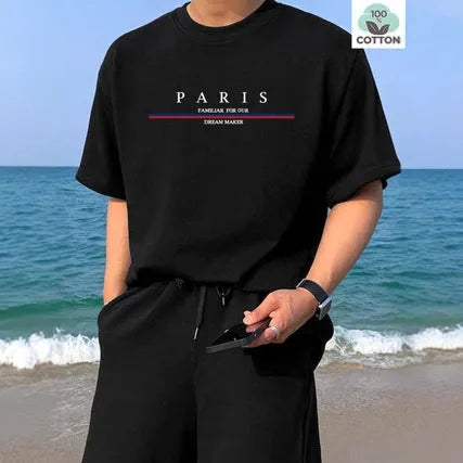 Men's short-sleeved pure cotton T-shirt with a printed letter design in a loose fit.