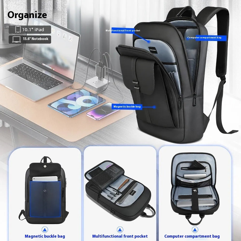 Solid black Oxford cloth backpack with sewing line details for business commute