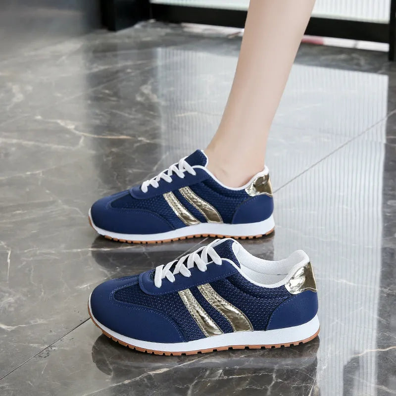 Blue women's casual tennis shoes with cross shoulder straps and non-slip rubber soles