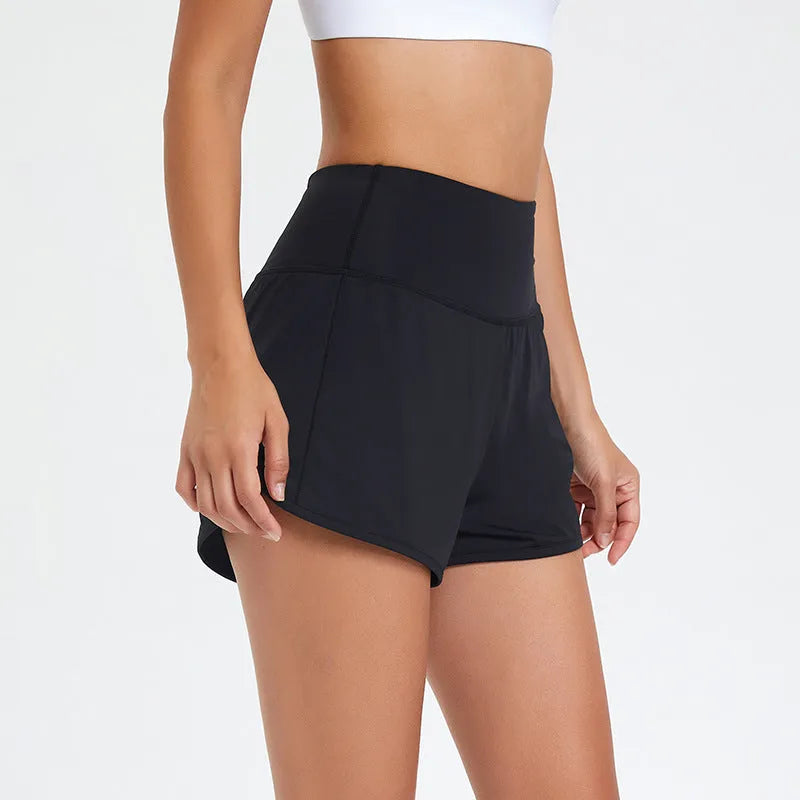 Women's high waist fitness shorts in quick-dry nylon fabric in black, white, or water blue colours