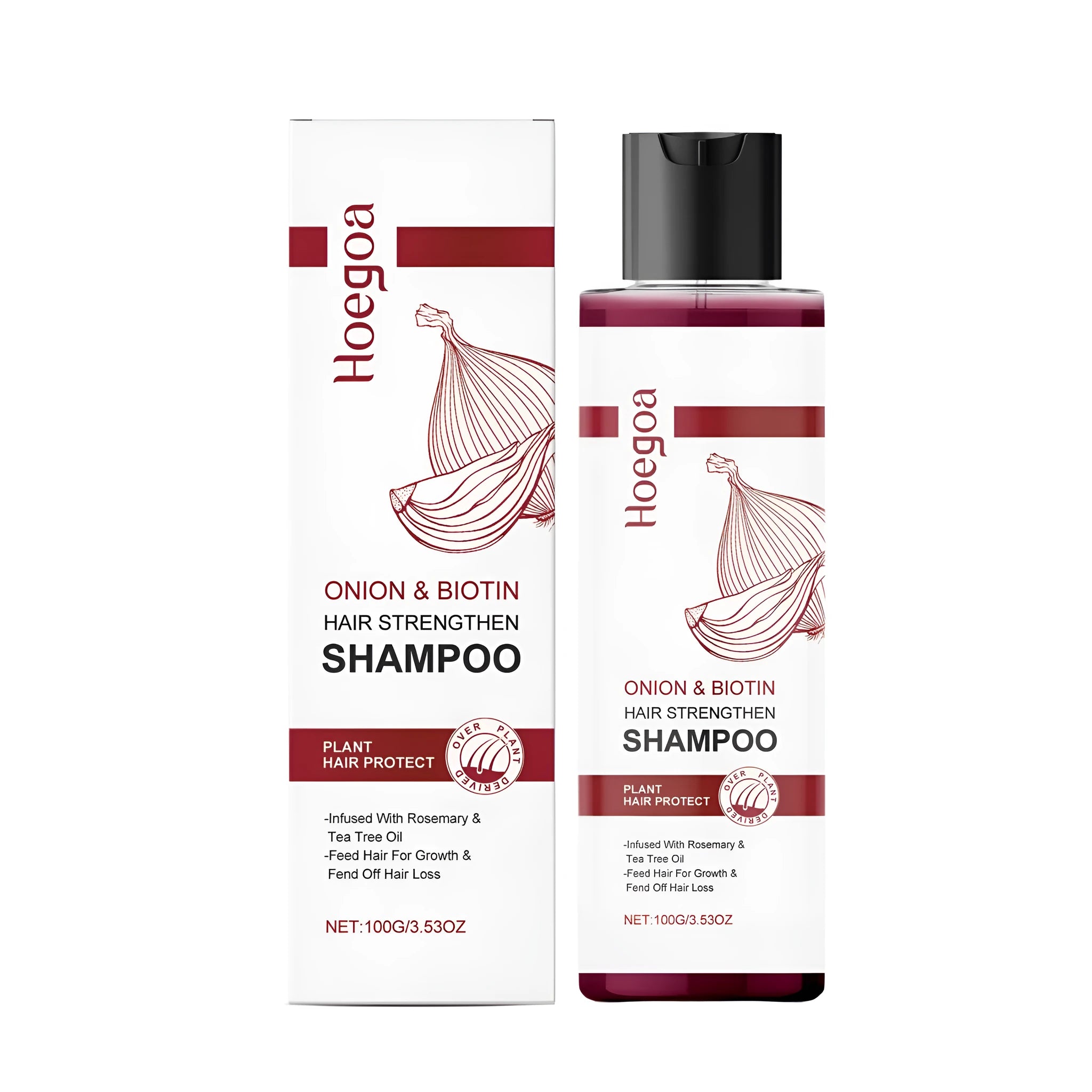 100ml bottle of hair shampoo containing onion extract, biotin, rosemary and tea tree oil.